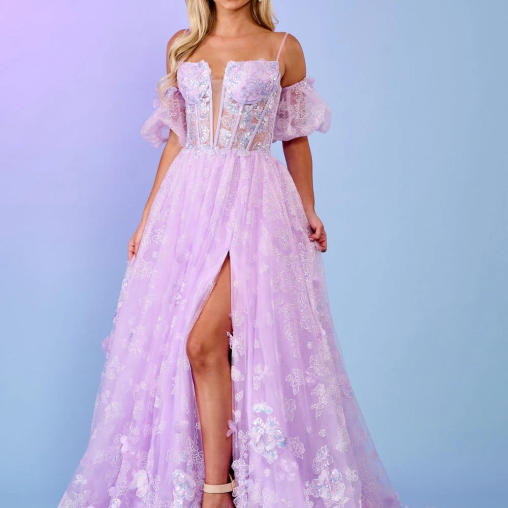 Rachel Allan Lilac Lace Prom Dress
